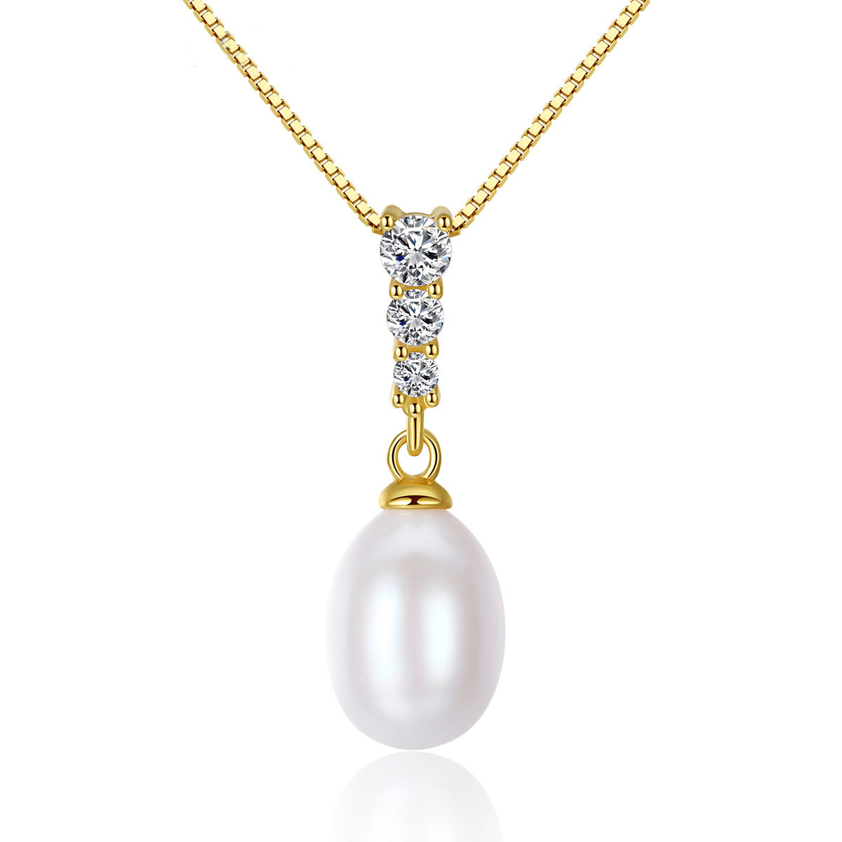 Aetolia 925 Sterling Silver Natural Freshwater Pearl Necklace 3 Solitaire CZ Diamonds Pendant Necklace FN0010