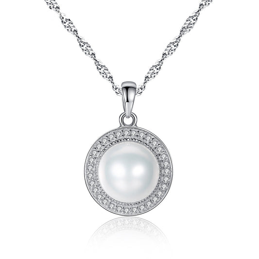 Aetolia 925 Sterling Silver Natural Freshwater Pearl Necklace Halo CZ Diamond 9-9.5mm Pearls Pendant Necklace FN0011