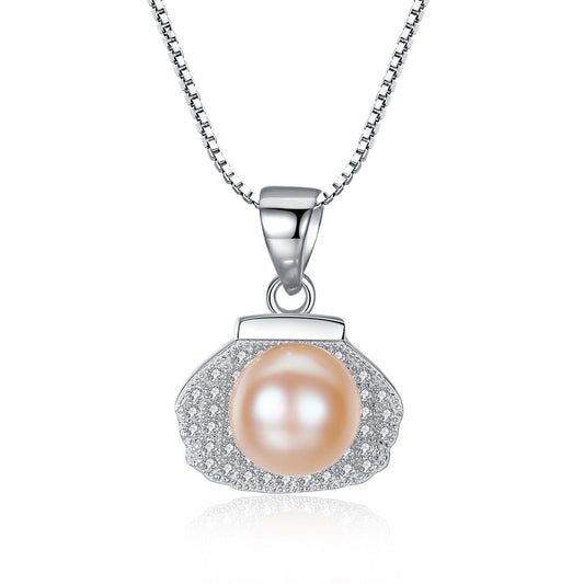 Aetolia 925 Sterling Silver Natural Freshwater Pearl Necklace Halo Shell Shaped Pendant Necklace FN0014