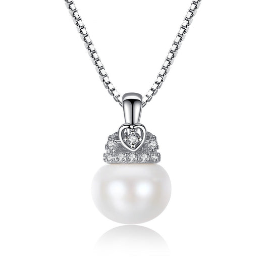 Aetolia 925 Sterling Silver Natural Freshwater Pearl Necklace Crown CZ Diamond Pendant Necklace FN0004