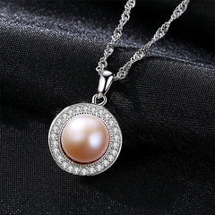 Aetolia 925 Sterling Silver Natural Freshwater Pearl Necklace Halo CZ Diamond 9-9.5mm Pearls Pendant Necklace FN0011