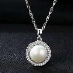 Aetolia 925 Sterling Silver Natural Freshwater Pearl Necklace Halo CZ Diamond 9-9.5mm Pearls Pendant Necklace FN0011