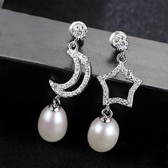 Aetolia 925 Sterling Silver Natural Freshwater Pearl Earrings Moon & Star Cubic Zirconia Drop Earrings FE0067