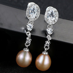 Aetolia 925 Sterling Silver Natural Freshwater Pearl Earrings Oval CZ Diamond Long Dangle Stud Earrings FE0058