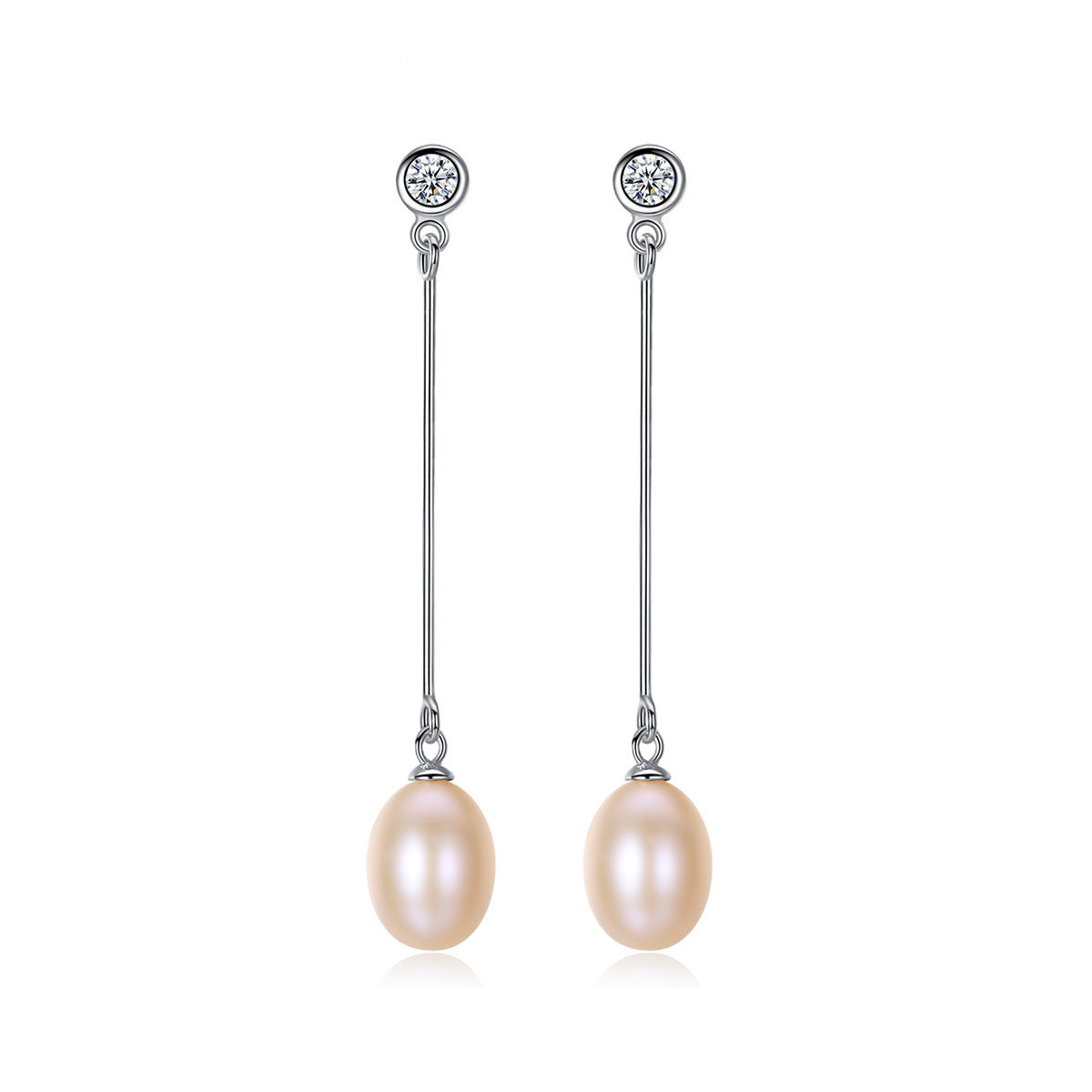 Aetolia 925 Sterling Silver Natural Freshwater Pearl Earrings Bezel Set Round CZ Diamond Long Dangle Stud Earrings FE0009