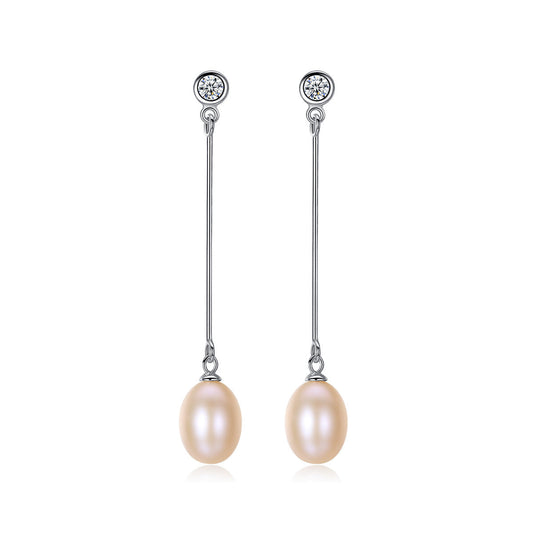 Aetolia 925 Sterling Silver Natural Freshwater Pearl Earrings Bezel Set Round CZ Diamond Long Dangle Stud Earrings FE0009