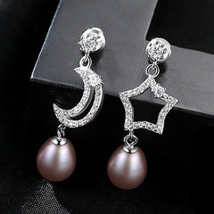 Aetolia 925 Sterling Silver Natural Freshwater Pearl Earrings Moon & Star Cubic Zirconia Drop Earrings FE0067