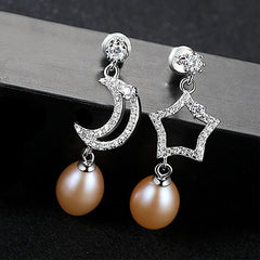 Aetolia 925 Sterling Silver Natural Freshwater Pearl Earrings Moon & Star Cubic Zirconia Drop Earrings FE0067