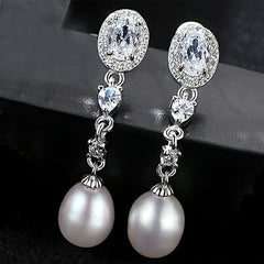 Aetolia 925 Sterling Silver Natural Freshwater Pearl Earrings Oval CZ Diamond Long Dangle Stud Earrings FE0058