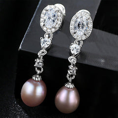 Aetolia 925 Sterling Silver Natural Freshwater Pearl Earrings Oval CZ Diamond Long Dangle Stud Earrings FE0058