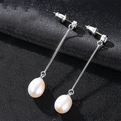 Aetolia 925 Sterling Silver Natural Freshwater Pearl Earrings Bezel Set Round CZ Diamond Long Dangle Stud Earrings FE0009