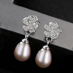 Aetolia 925 Sterling Silver Natural Freshwater Pearl Earrings Halo CZ Diamond Flower Drop Stud Earrings FE0070