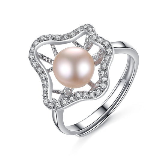 Aetolia 925 Sterling Silver Natural Freshwater Pearl Rings Irregular Flower Adjustable Open Ring FR0003