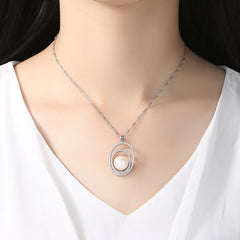 Aetolia 925 Sterling Silver Natural Freshwater Pearl Necklace Simple Double Circles CZ Diamond Pendant Necklace FN0022