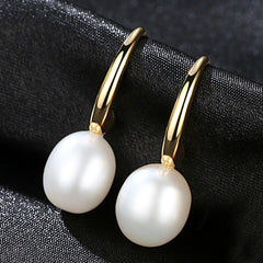 Aetolia 925 Sterling Silver Natural Freshwater Pearl Earrings 9-10mm Oval Pearl Dangle Earrings FE0108