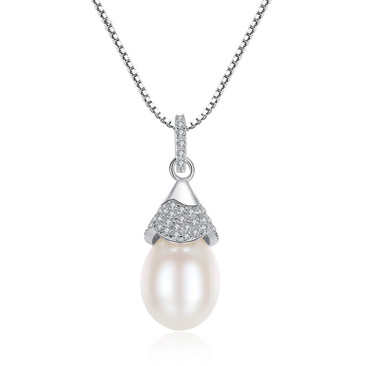 Aetolia 925 Sterling Silver Natural Freshwater Pearl Necklace Small Birthday Hat Halo CZ Diamond Pendant Necklace FN0029