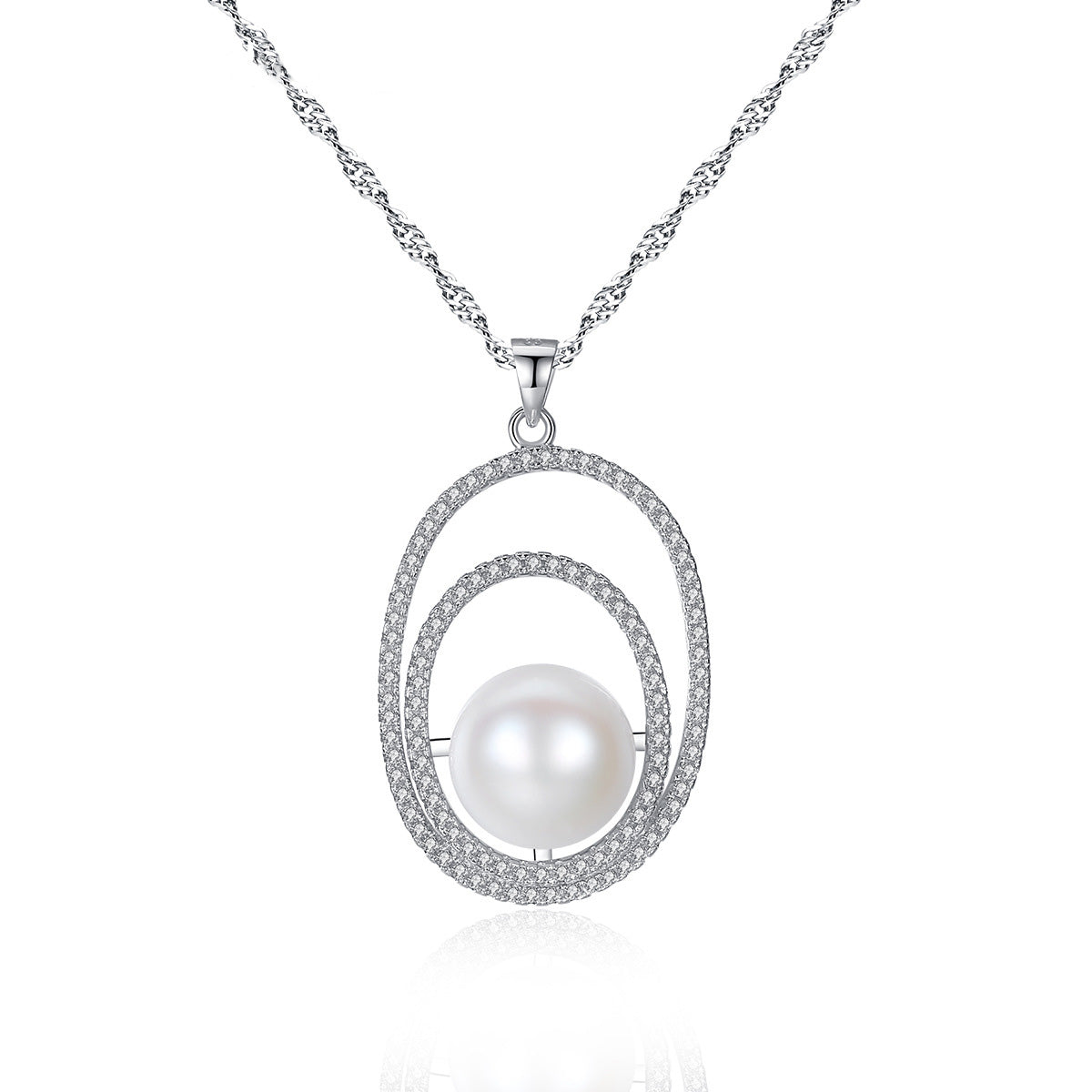 Aetolia 925 Sterling Silver Natural Freshwater Pearl Necklace Simple Double Circles CZ Diamond Pendant Necklace FN0022