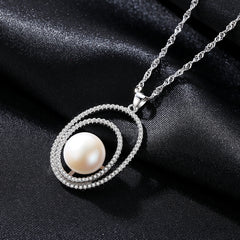 Aetolia 925 Sterling Silver Natural Freshwater Pearl Necklace Simple Double Circles CZ Diamond Pendant Necklace FN0022