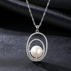 Aetolia 925 Sterling Silver Natural Freshwater Pearl Necklace Simple Double Circles CZ Diamond Pendant Necklace FN0022