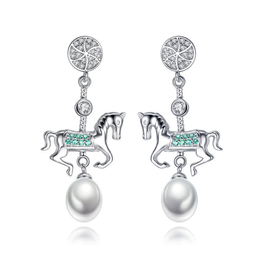 Aetolia 925 Sterling Silver Natural Freshwater Pearl Earrings Lovely Horse CZ Diamond Long Drop Earrings FE0083