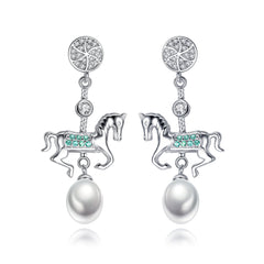 Aetolia 925 Sterling Silver Natural Freshwater Pearl Earrings Lovely Horse CZ Diamond Long Drop Earrings FE0083