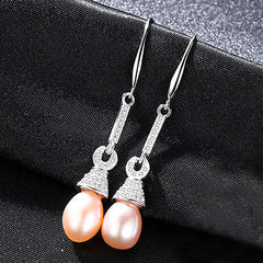 Aetolia 925 Sterling Silver Natural Freshwater Pearl Earrings CZ Diamond Long Dangle Drop Earrings FE0002