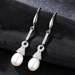 Aetolia 925 Sterling Silver Natural Freshwater Pearl Earrings CZ Diamond Long Dangle Drop Earrings FE0002