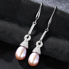 Aetolia 925 Sterling Silver Natural Freshwater Pearl Earrings CZ Diamond Long Dangle Drop Earrings FE0002