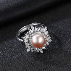 Aetolia 925 Sterling Silver Natural Freshwater Pearl Rings Snowflake Paved CZ Diamond Adjustable Open Ring FR0005