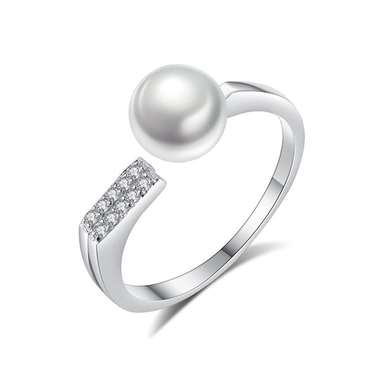 Aetolia 925 Sterling Silver Natural Freshwater Pearl Rings Double Row CZ Diamond Adjustable Open Ring FR0012