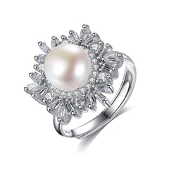 Aetolia 925 Sterling Silver Natural Freshwater Pearl Rings Snowflake Paved CZ Diamond Adjustable Open Ring FR0005