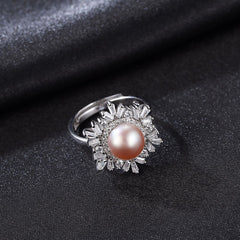 Aetolia 925 Sterling Silver Natural Freshwater Pearl Rings Snowflake Paved CZ Diamond Adjustable Open Ring FR0005