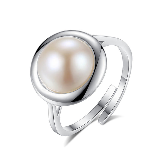 Aetolia 925 Sterling Silver Natural Freshwater Pearl Rings Geometric Round Adjustable Open Ring FR0009