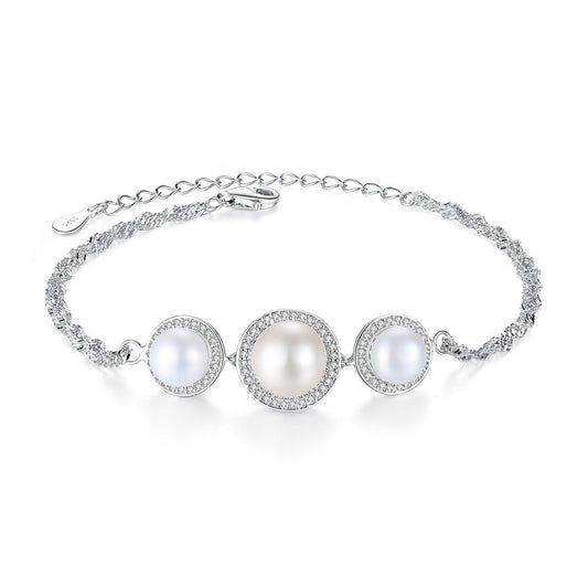 Aetolia 925 Sterling Silver Natural Freshwater Pearl Bracelet 3 Pearls Halo CZ Diamond Chain Bracelet FB0003