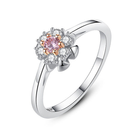 Aetolia 925 Sterling Silver 18K Gold Plated Flower Shaped Pink Solitaire CZ Diamond Ring SR0057