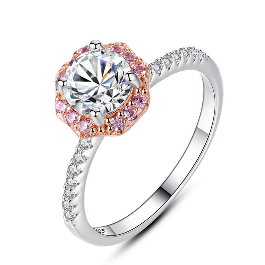 Aetolia 925 Sterling Silver 18K Gold Plated 4 Prong Solitaire Single Row Pink CZ Diamond Engagement Wedding Ring SR0053