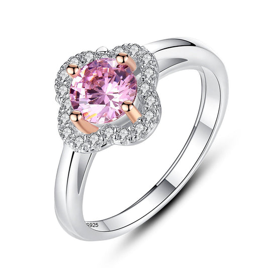 Aetolia 925 Sterling Silver 18K Gold Plated Flower Halo Pink Solitaire CZ Diamond Ring SR0045