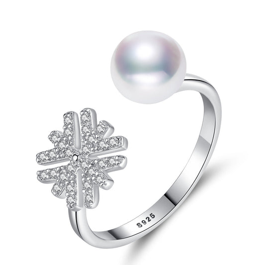 Aetolia 925 Sterling Silver Natural Freshwater Pearl Rings Snowflake Adjustable Open Ring FR0004