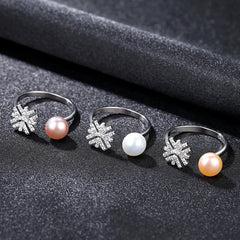 Aetolia 925 Sterling Silver Natural Freshwater Pearl Rings Snowflake Adjustable Open Ring FR0004