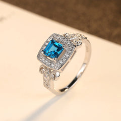 Aetolia 925 Sterling Silver 18K Gold Plated Ring Blue Square Gemstone Halo CZ Diamond Engagement Wedding Ring SR0077