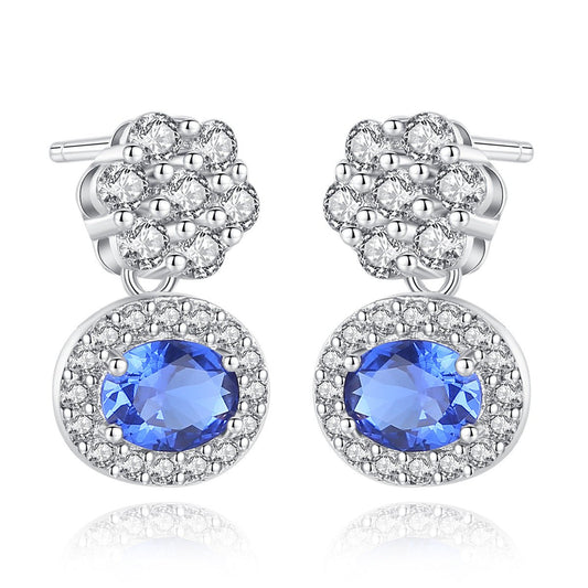 Aetolia 925 Sterling Silver 18K Gold Plated Round Sapphire Gemstone Halo CZ Diamond Dangle Stud Earrings SE0115