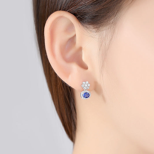 Aetolia 925 Sterling Silver 18K Gold Plated Round Sapphire Gemstone Halo CZ Diamond Dangle Stud Earrings SE0115