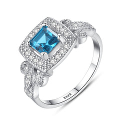 Aetolia 925 Sterling Silver 18K Gold Plated Ring Blue Square Gemstone Halo CZ Diamond Engagement Wedding Ring SR0077