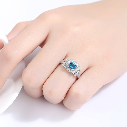 Aetolia 925 Sterling Silver 18K Gold Plated Ring Blue Square Gemstone Halo CZ Diamond Engagement Wedding Ring SR0077