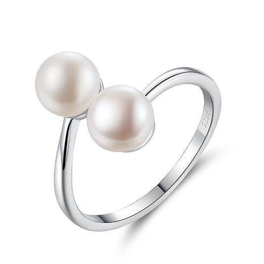 Aetolia 925 Sterling Silver Natural Freshwater Pearl Rings Simple Double Pearls Adjustable Open Ring FR0064