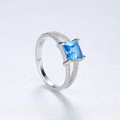 Aetolia 925 Sterling Silver 18K Gold Plated Ring Sky Blue Square Gemstone Double Row CZ Diamond Engagement Wedding Ring SR0079