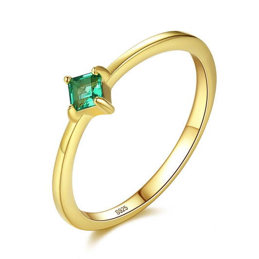 Aetolia 925 Sterling Silver 18K Gold Plated Ring 4 Prong Square Emerald Fine Gemstone Engagement Wedding Ring SR0081