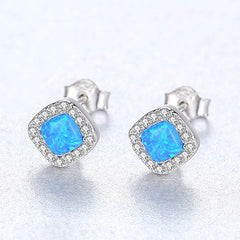 Aetolia 925 Sterling Silver Opal Earrings Halo CZ Diamond Square Opal Stud Earrings SE0238