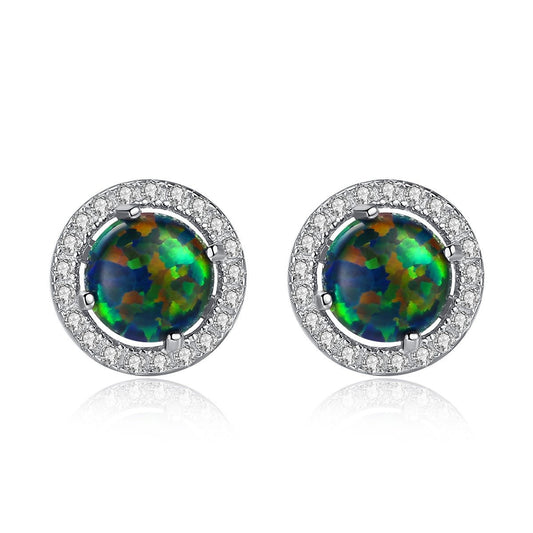 Aetolia 925 Sterling Silver Opal Earrings 4 Prong Halo CZ Diamond Opal Stud Earrings SE0241