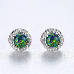 Aetolia 925 Sterling Silver Opal Earrings 4 Prong Halo CZ Diamond Opal Stud Earrings SE0241